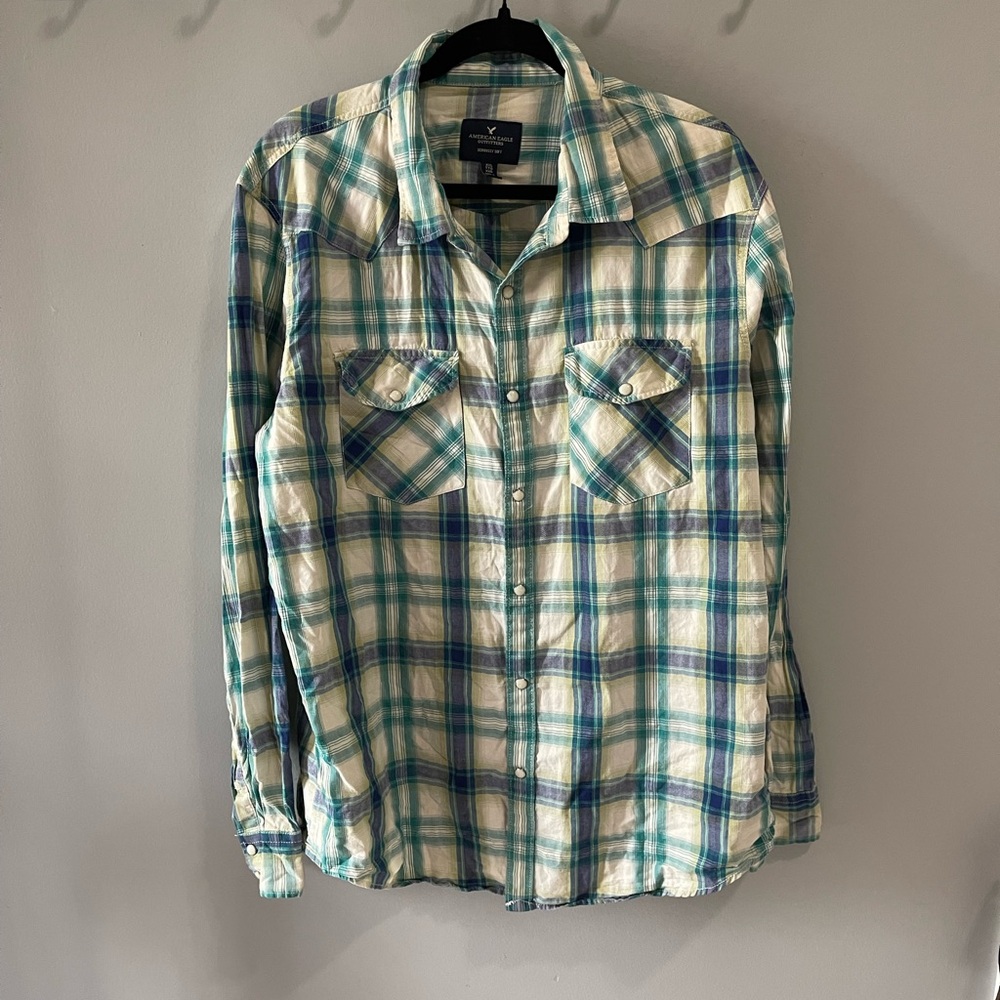 American Eagle Seriously Soft Western Shirt XXL blue/green Pearl Snap Rodeo